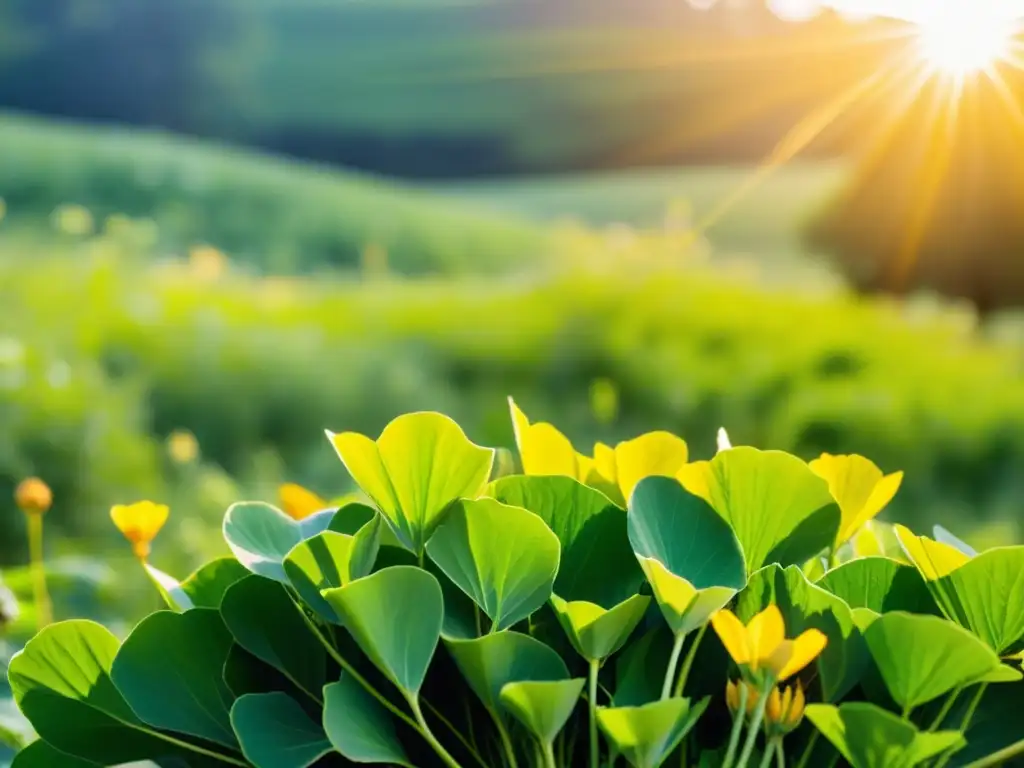 Un campo vibrante de hierbas medicinales bajo el sol, exudando vitalidad y tranquilidad