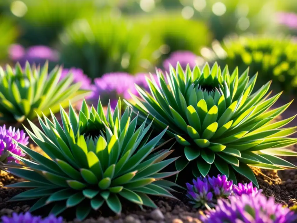 Un campo de vibrantes plantas de harpagofito, con hojas intrincadas y flores moradas