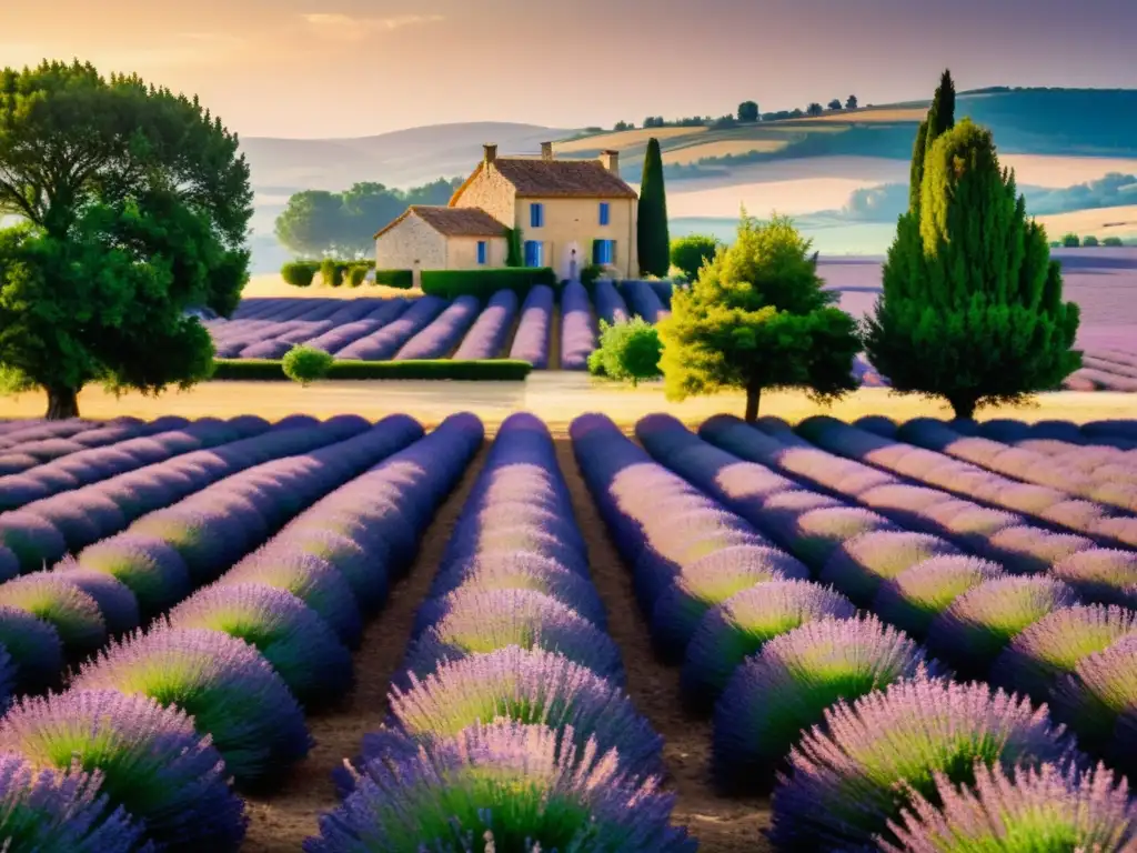 Campos curativos de lavanda en Francia: Un atardecer dorado ilumina un vasto campo de lavanda con una casa de piedra al fondo