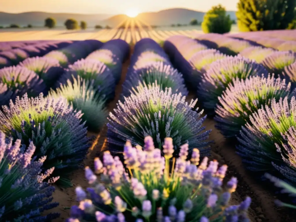 Campos curativos de lavanda en Francia: Fotografía vintage de un campo de lavanda al atardecer, bañado por la cálido luz dorada