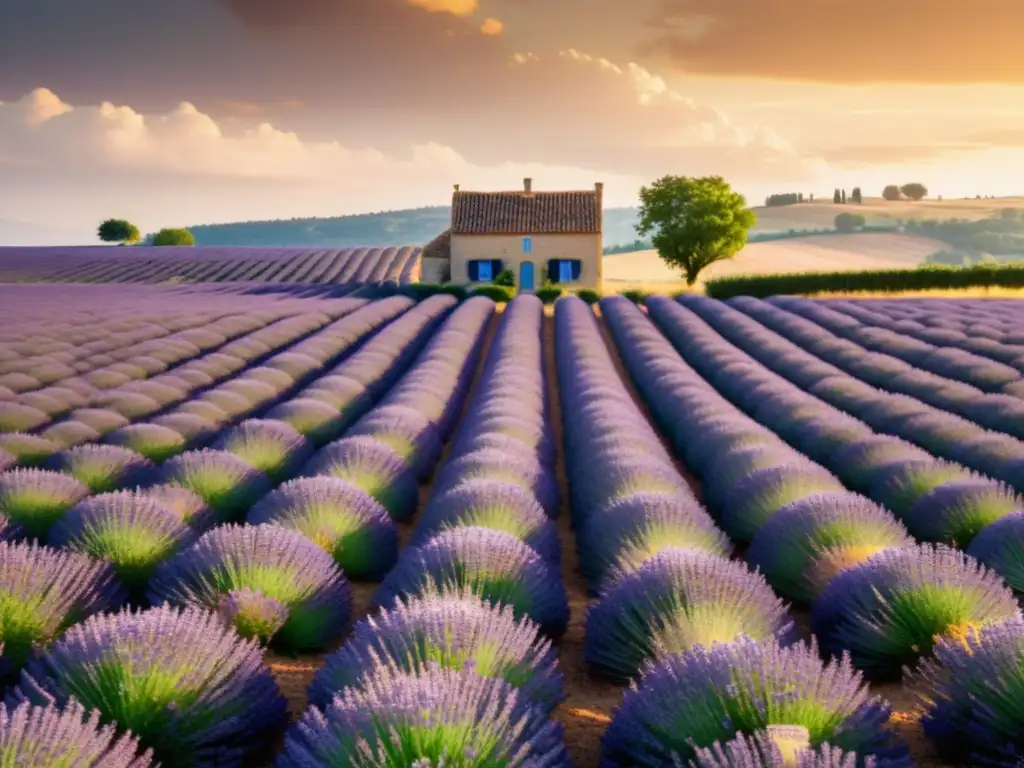 Campos curativos de lavanda en Francia: una escena vintage de un extenso campo de lavanda púrpura bajo el cálido sol, con una casa de piedra al fondo