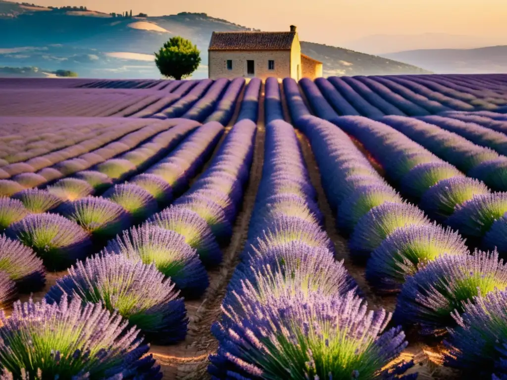 Campos curativos de lavanda en Francia: Fotografía vintage de un extenso campo de lavanda en plena floración al atardecer