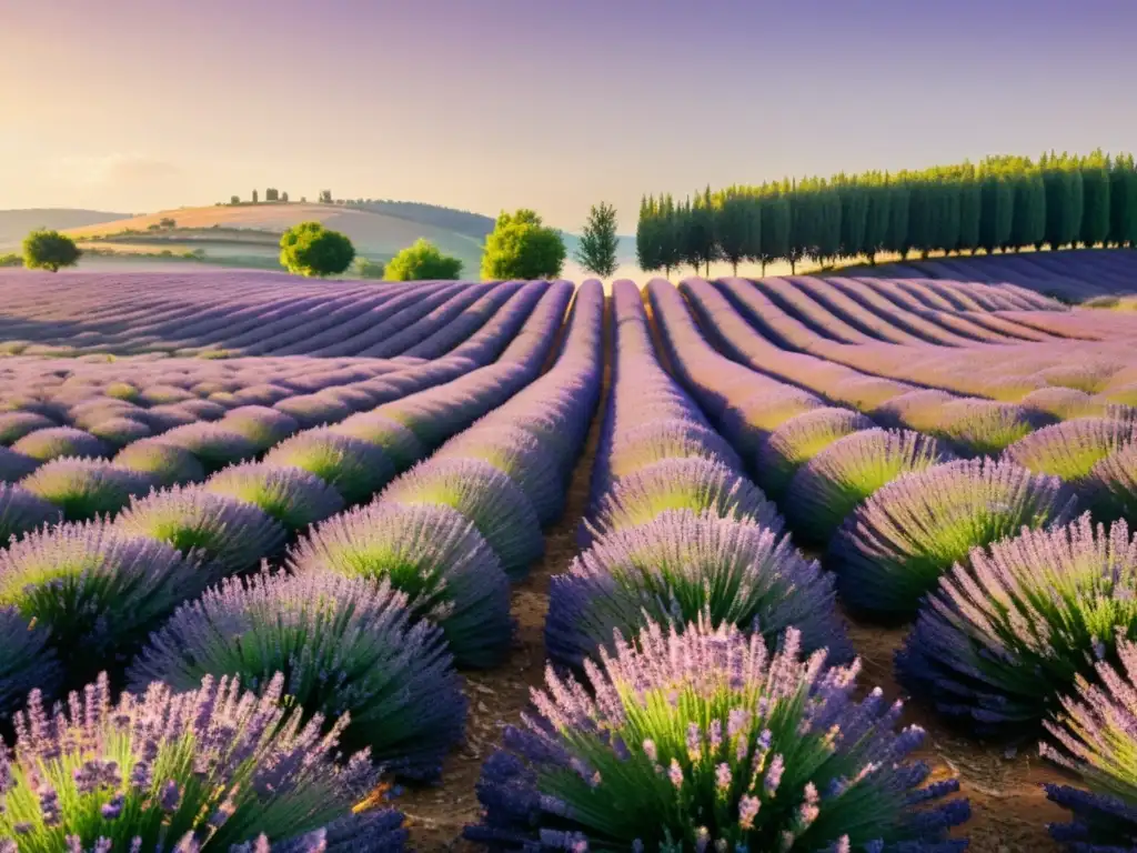 Campos curativos de lavanda en Francia: un paisaje sereno y vibrante con filas de plantas moradas y un suave resplandor dorado