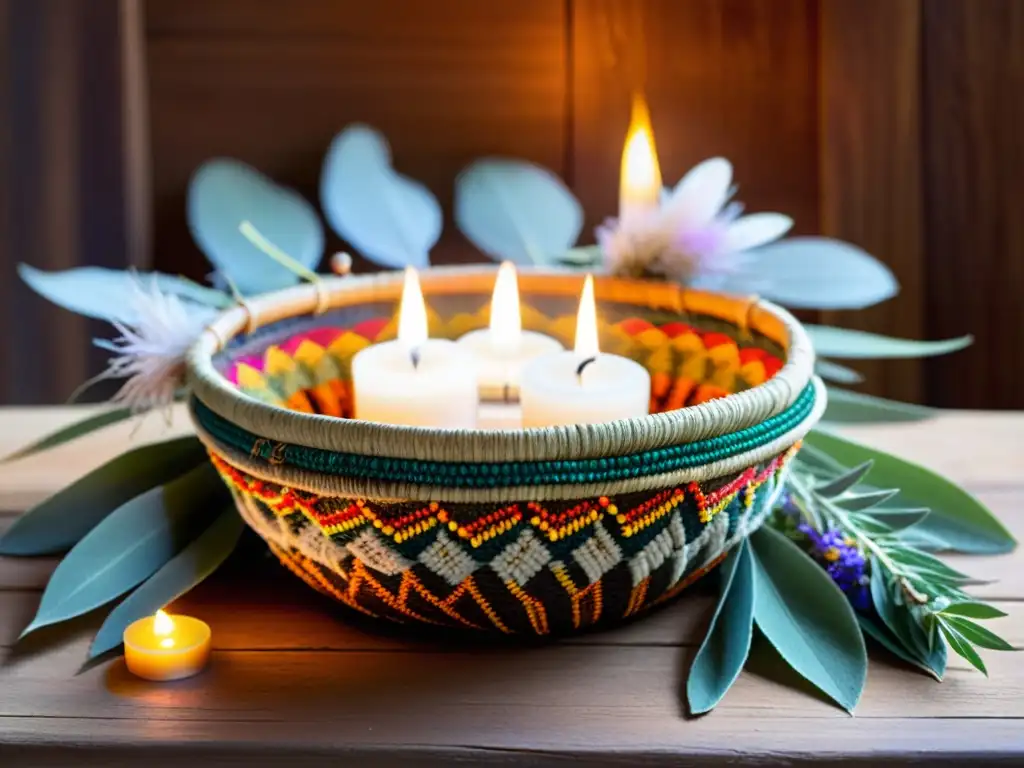 Canasta decorada con plumas y cuentas, sobre hojas de salvia y flores silvestres