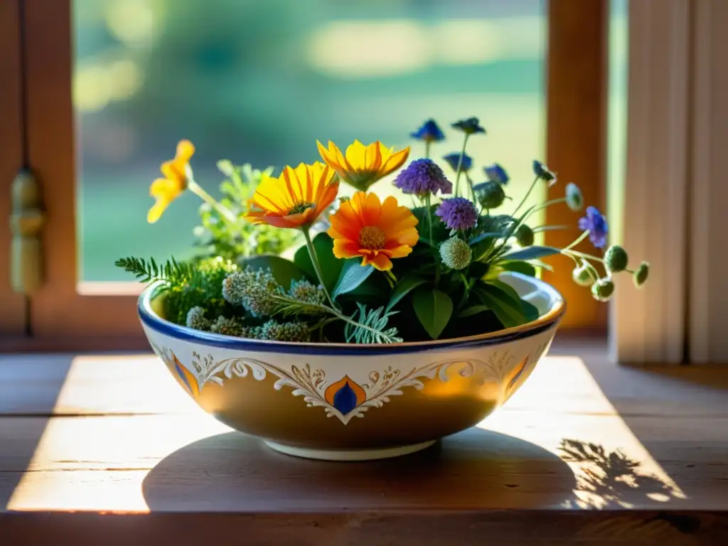 Un cántaro vintage de cerámica, decorado con patrones florales, reposa en una mesa de madera envejecida, bañado por la cálida luz de la tarde