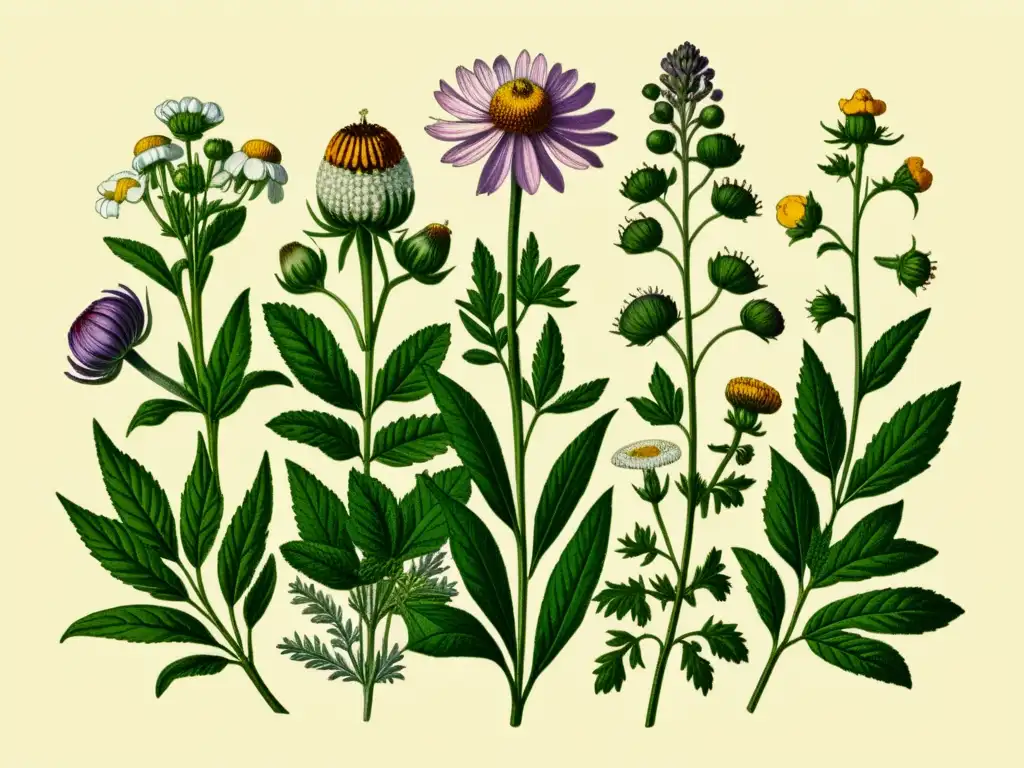 Catálogo de plantas medicinales silvestres: ilustración vintage detallada de manzanilla, lavanda, equinácea y milenrama en fondo pergamino envejecido