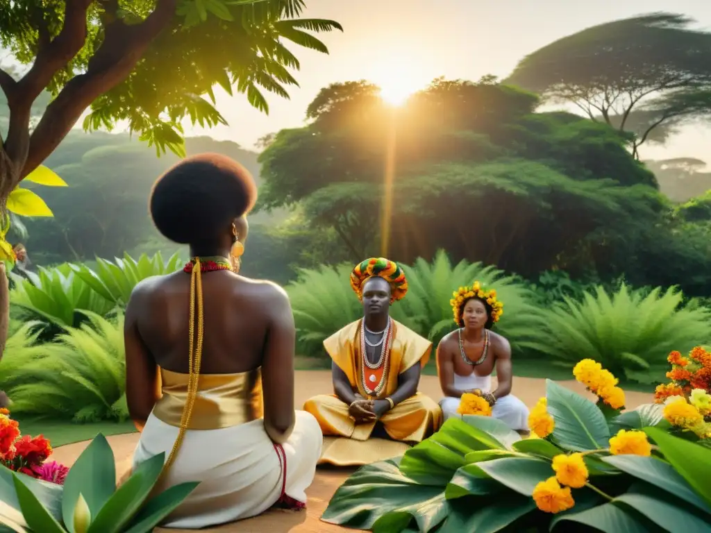 Una ceremonia africana ancestral con el iboga como protagonista, rodeada de exuberante vegetación y flores vibrantes