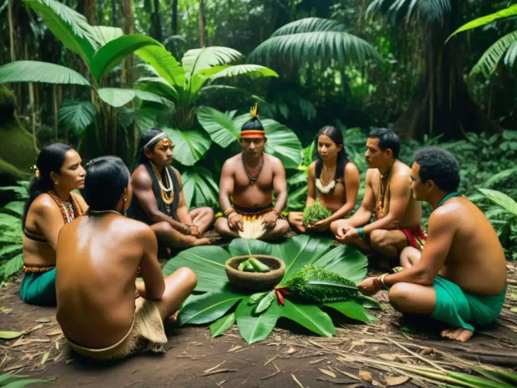 Una ceremonia de curación en la exuberante selva amazónica con indígenas y un chamán, representando la antigua Medicina tradicional en la Amazonía