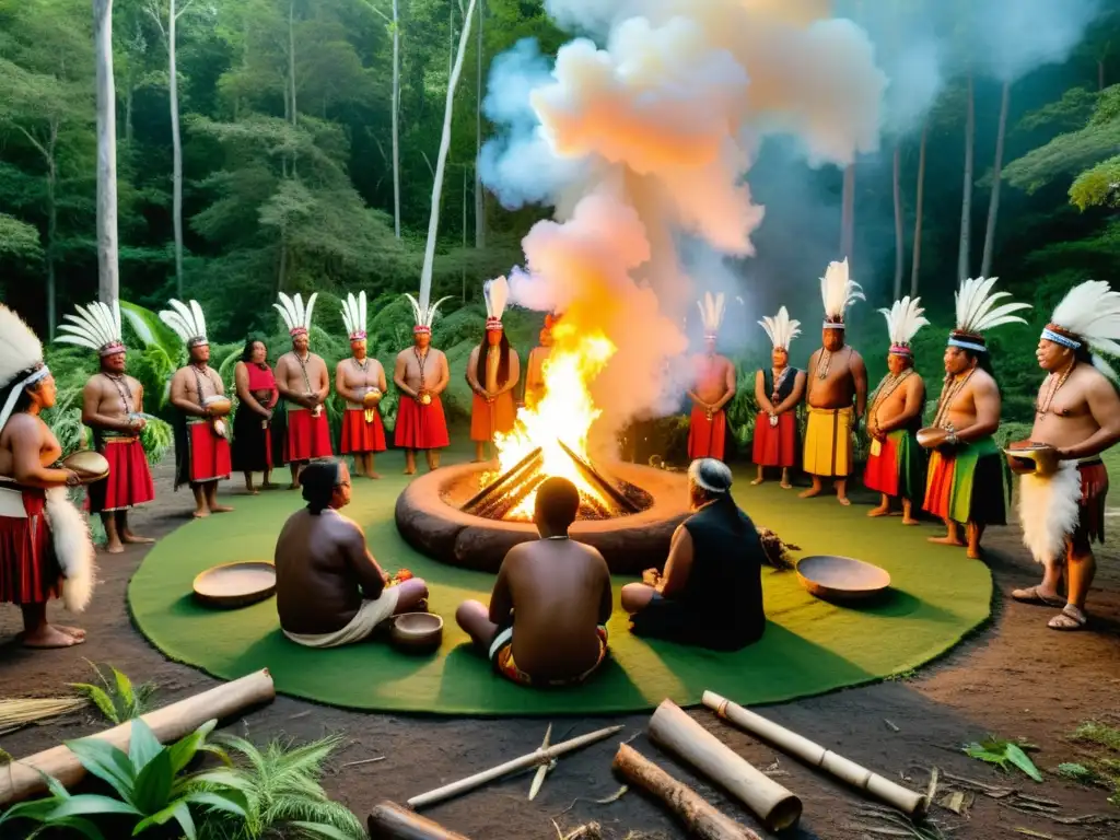 Una ceremonia indígena en la selva, con fuego central, vestimenta tradicional y simbología espiritual