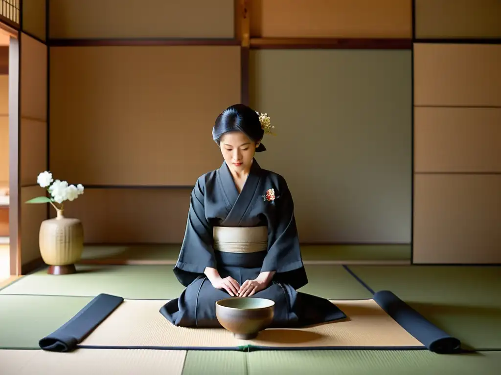 Ceremonia del té japonesa, práctica mindfulness y sanación en una sala serena con tatamis y una tokonoma