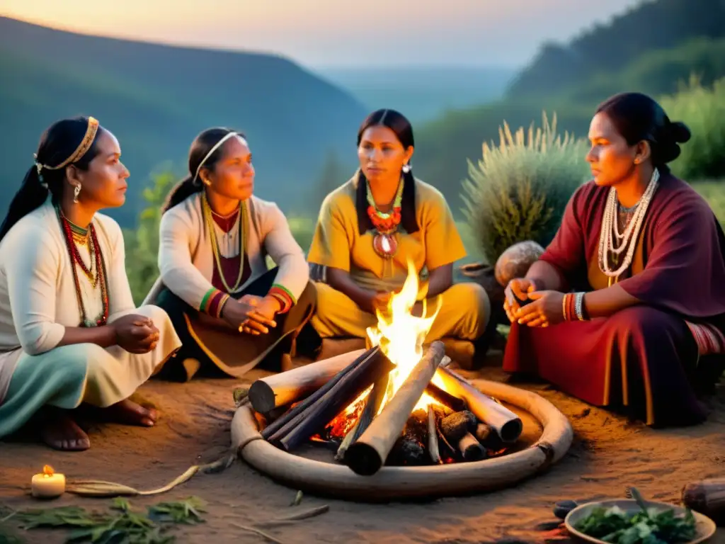 Ceremonia de medicina ancestral de pueblos indígenas alrededor del fuego, envueltos en tradición y sabiduría antigua