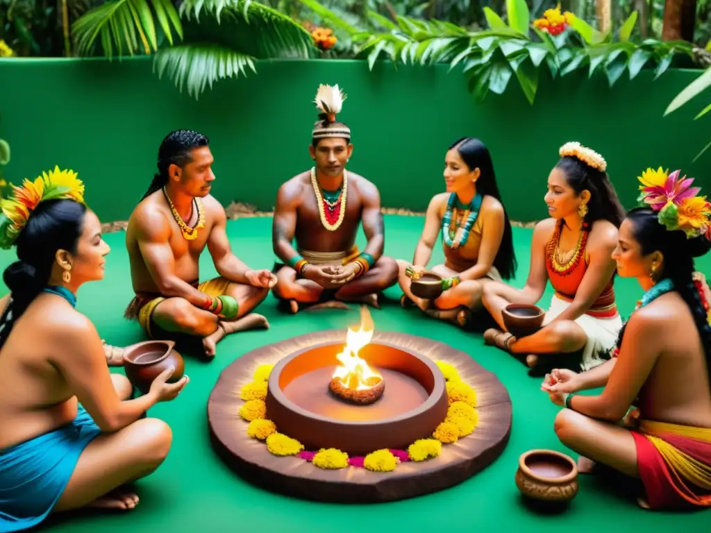 Una ceremonia de sanación con cacao, un chamán guía a un grupo en un círculo sagrado entre exuberante vegetación y flores tropicales