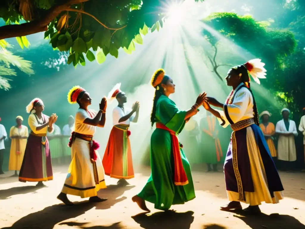 Ceremonia de sanación en la naturaleza: grupo de curanderos danzando en trajes tradicionales entre exuberante vegetación