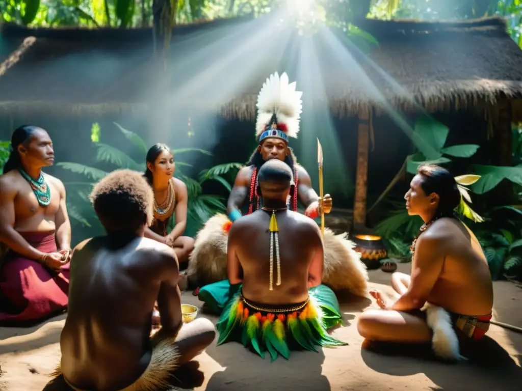 Un shaman realiza una ceremonia de curación en la selva, rodeado de hierbas y plumas, con impacto social en comunidades indígenas