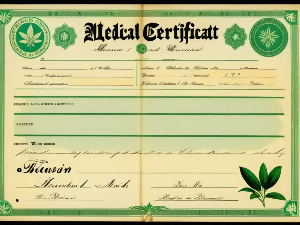 Certificaciones en medicina tradicional: Detallado certificado médico vintage del siglo XX con caligrafía ornamental, sellos oficiales e ilustraciones de hierbas medicinales