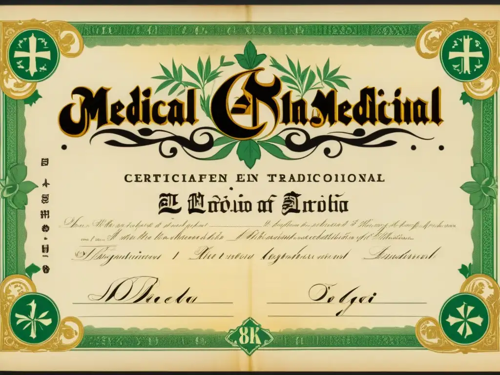 Un certificado médico tradicional con caligrafía elaborada y bordes ornamentados, destacando la acreditación del conocimiento en medicina tradicional