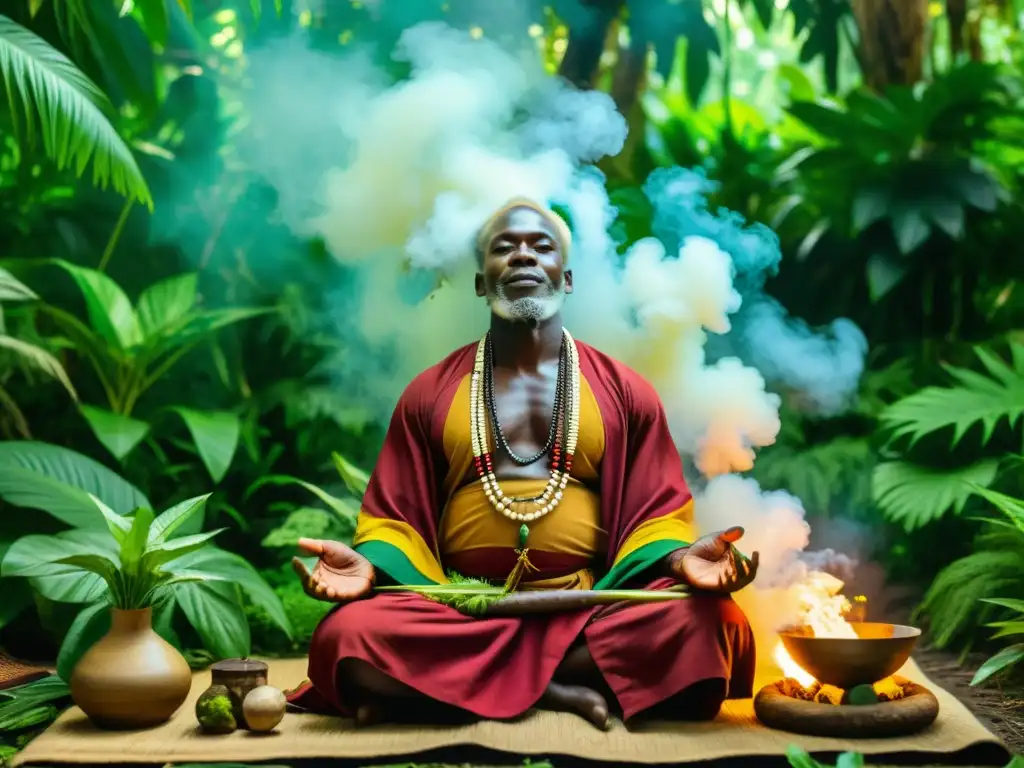 Un chamán africano realiza un ritual de curación en la exuberante selva africana, rodeado de plantas medicinales