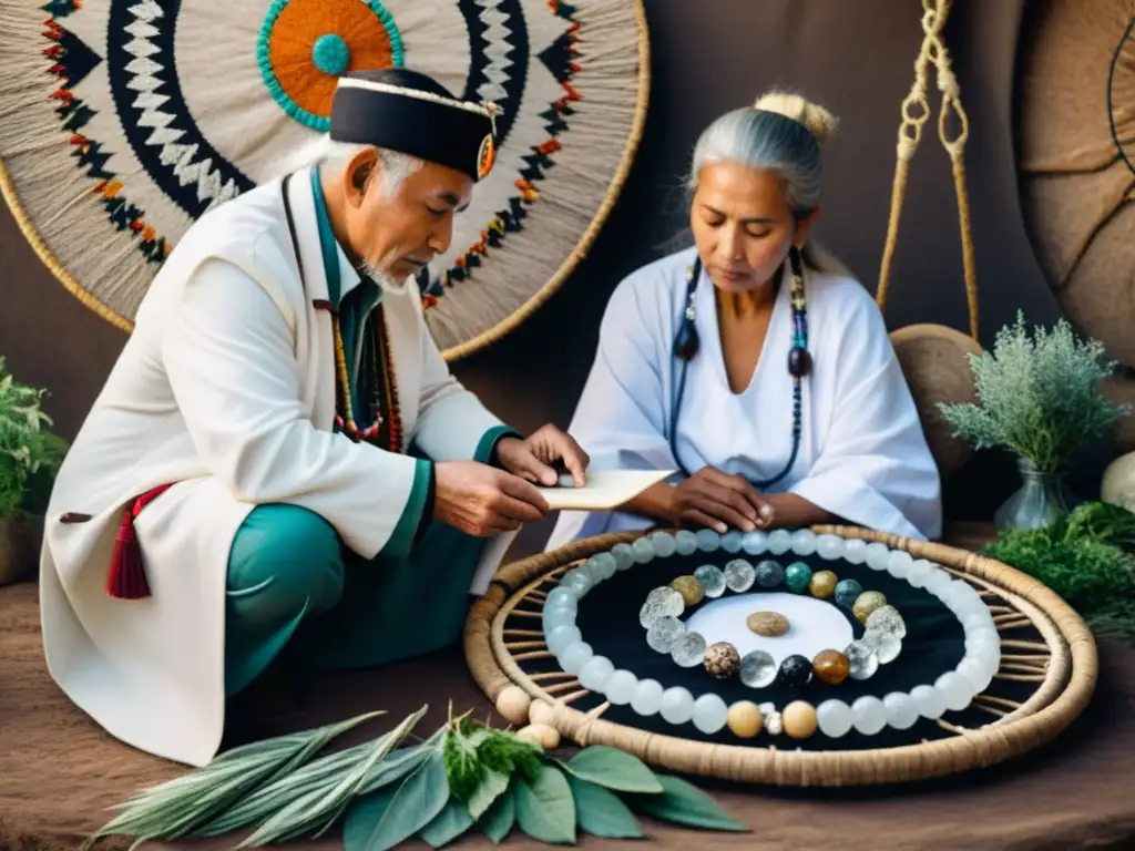 Un chamán anciano realiza un ritual de curación rodeado de hierbas medicinales y cristales, mientras un profesional médico moderno observa