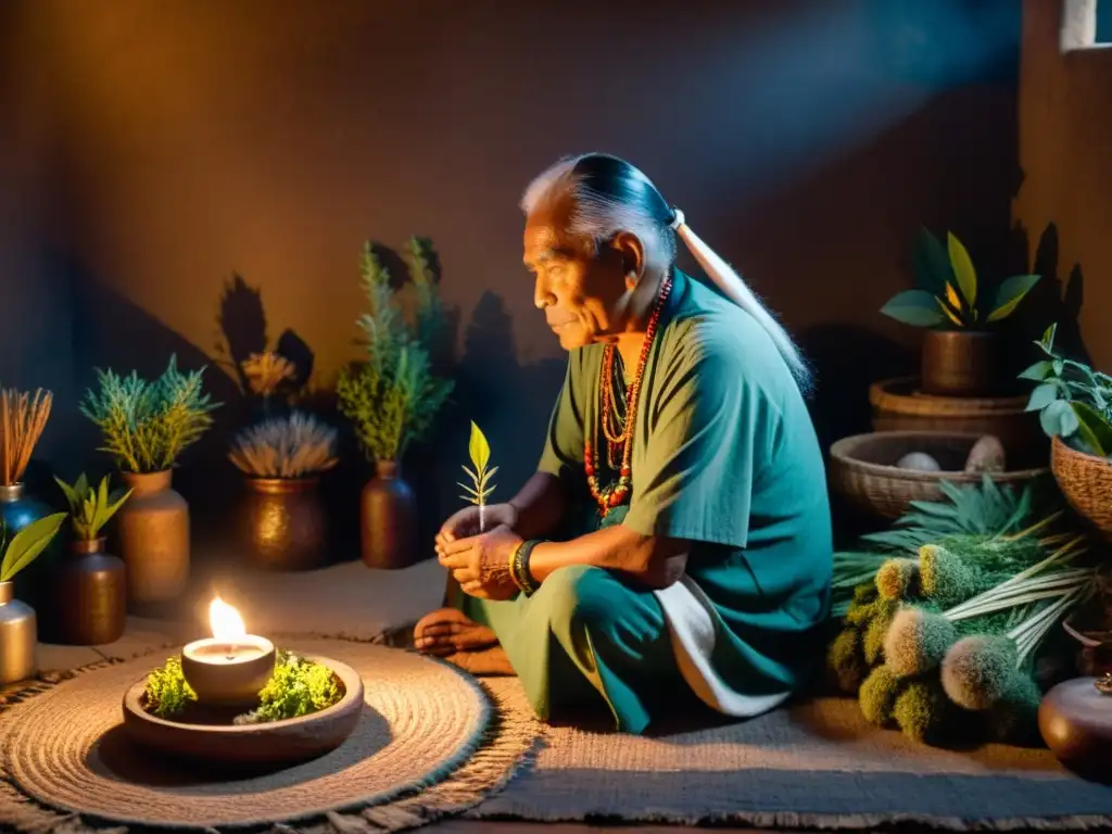 Un chamán anciano realiza un ritual de sanación en una habitación iluminada por velas, rodeado de hierbas y herramientas tradicionales, mientras su comunidad observa con respeto