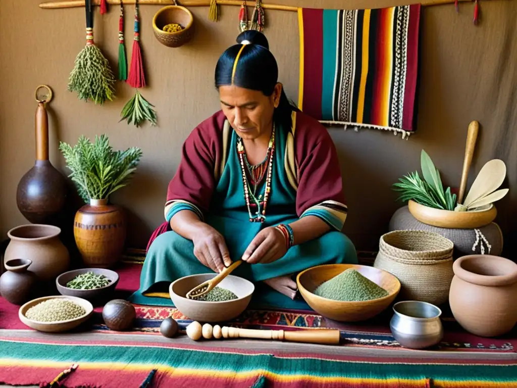 Un chamán andino prepara hierbas y herramientas para talleres de medicina ancestral andina, evocando sabiduría y conexión espiritual