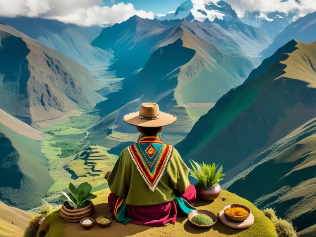 Un chamán andino realiza un ritual de sanación en los majestuosos Andes, conectando con la medicina tradicional andina cosmovisión