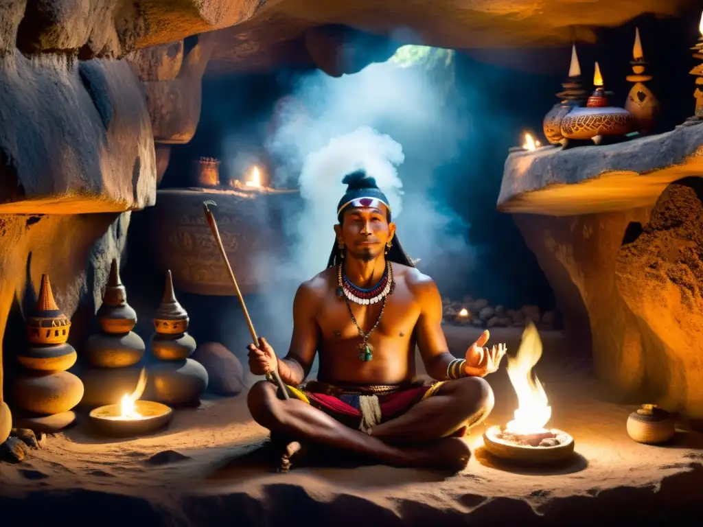 Un chamán en atuendo tradicional canta y toca instrumentos en una cueva iluminada por velas