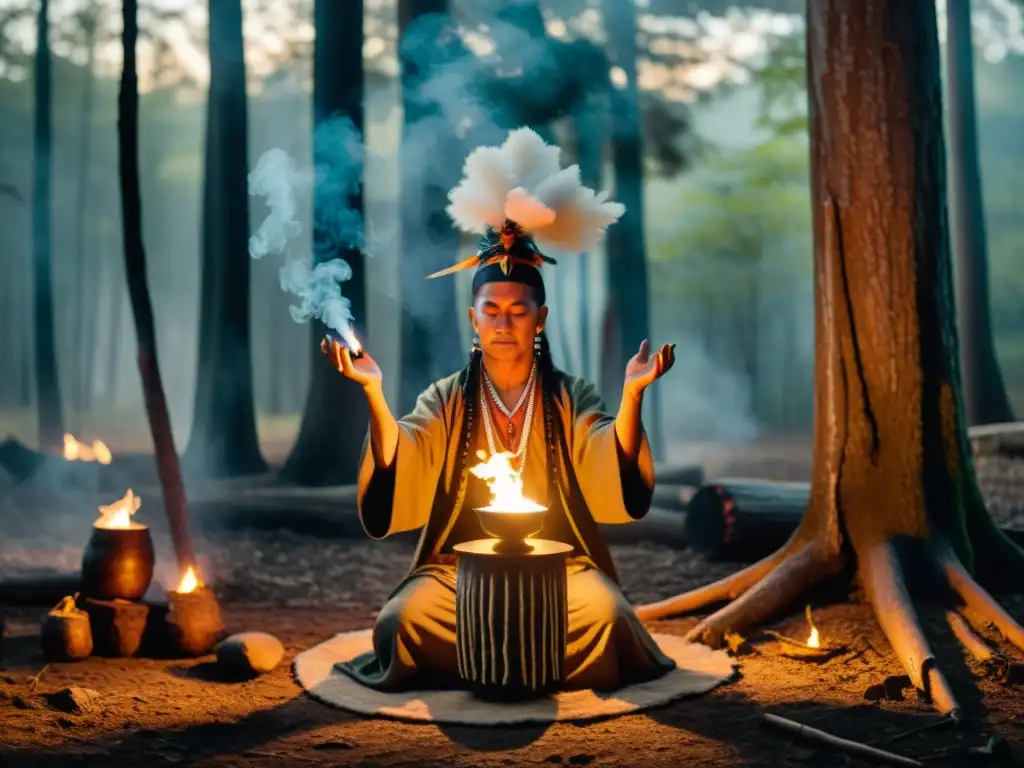 Un chaman en un bosque encendido por antorchas, evocando la esencia mística del chamanismo y psicoterapia para salud mental