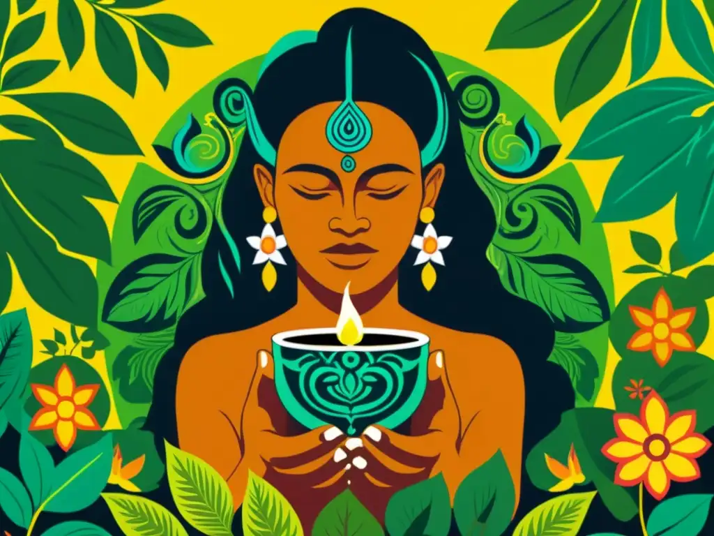 Un chamán lidera una ceremonia espiritual en la selva amazónica con prácticas medicina tradicional Ayahuasca, exudando tradición y sabiduría ancestral