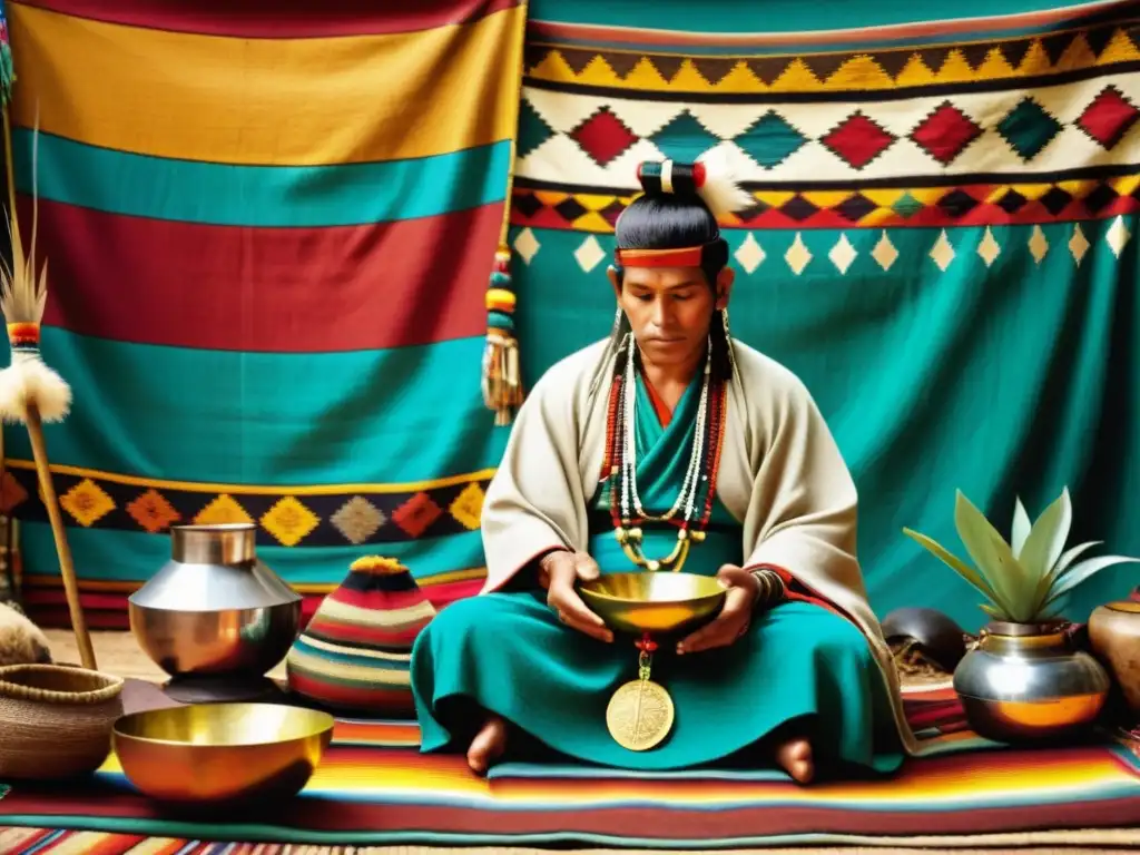 Un chamán realiza una ceremonia de medicina Inca en los Andes, rodeado de objetos sagrados y telas coloridas