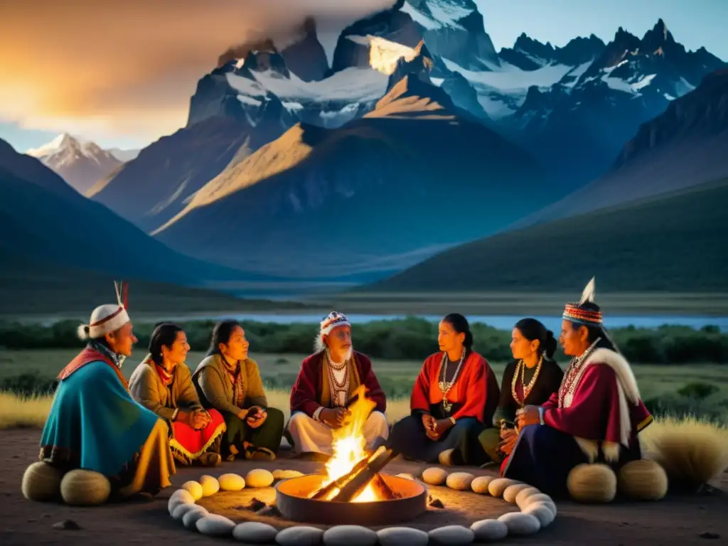 Un chamán realiza una ceremonia en la Patagonia, rodeado de participantes y una fogata