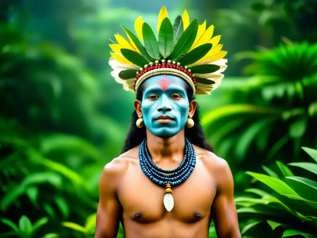 Un chamán indígena en la selva amazónica con plantas medicinales indígenas, evocando la tradición ancestral de curación