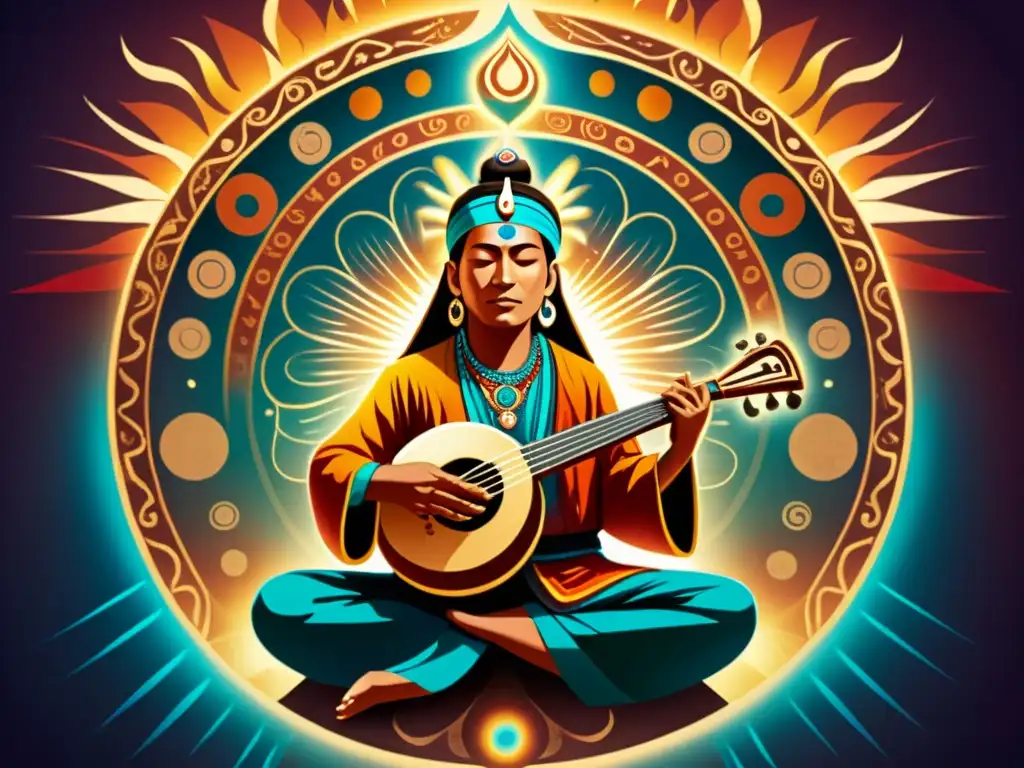 Un chamán tocando un instrumento musical tradicional en un entorno místico y curativo, evocando la influencia de la música y el canto tradicional