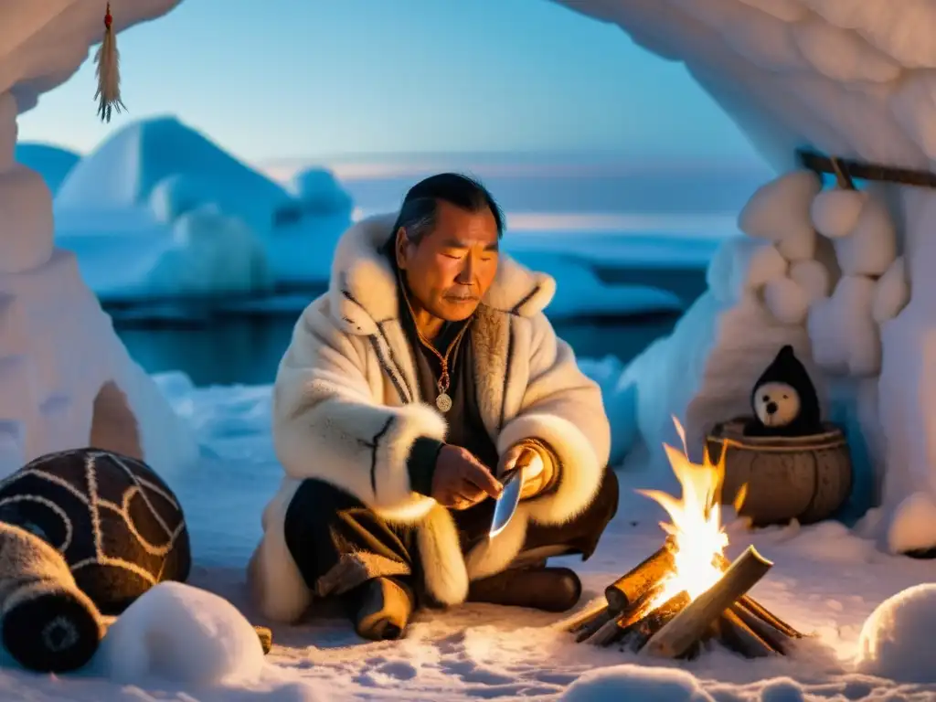 Un chamán inuit prepara medicina tradicional en su iglú iluminado por fuego