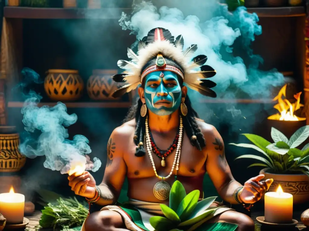 Chamán maya en ceremonia herbal ancestral Un chamán maya realiza una ceremonia herbal rodeado de plantas medicinales y ofrendas espirituales