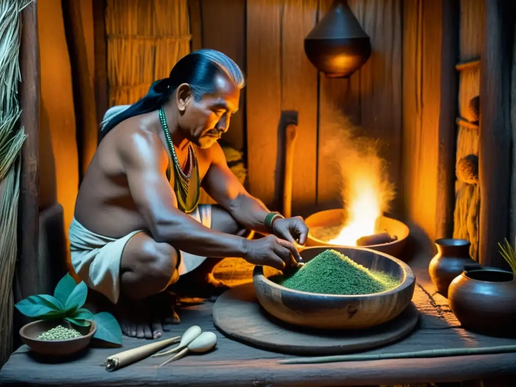 Un chamán prepara medicina herbal ancestral en un rústico cobertizo sudamericano, creando una atmósfera evocadora para retiros de bienestar