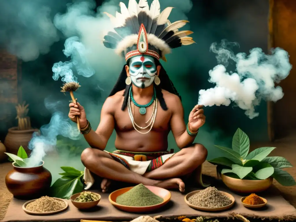 Un chamán mesoamericano realiza una ceremonia de curación con tabaco, rodeado de humo y hierbas medicinales