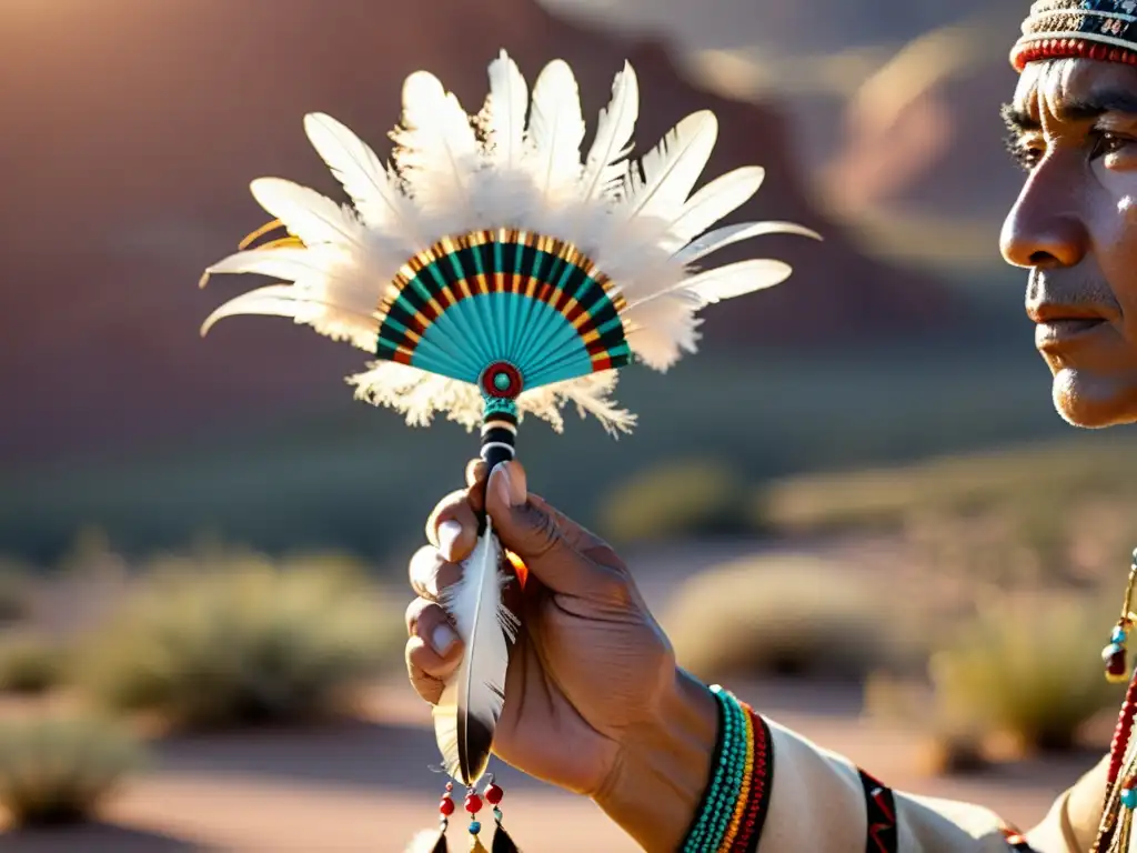 Un chamán nativo sostiene un abanico ceremonial de plumas en el desierto, evocando sabiduría ancestral