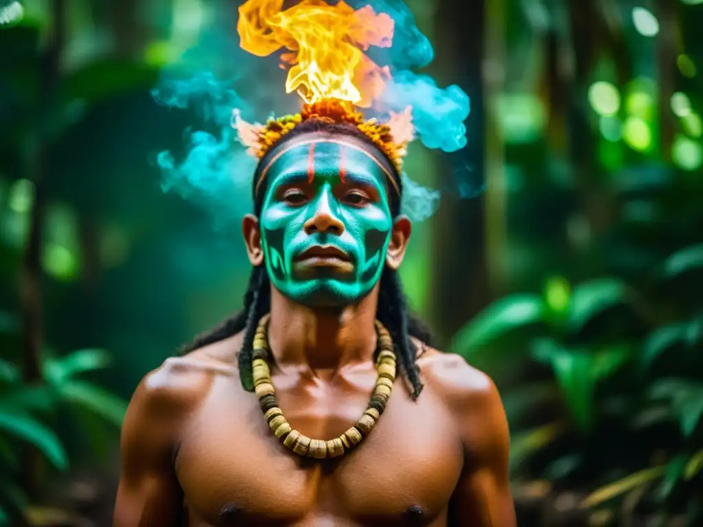 Un chamán dirige un ritual de ayahuasca en la selva amazónica, con rostro pintado, rodeado de exuberante vegetación