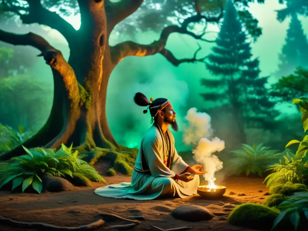 Un chamán realiza un ritual en un bosque místico, rodeado de árboles antiguos iluminados por la suave luz de la luna