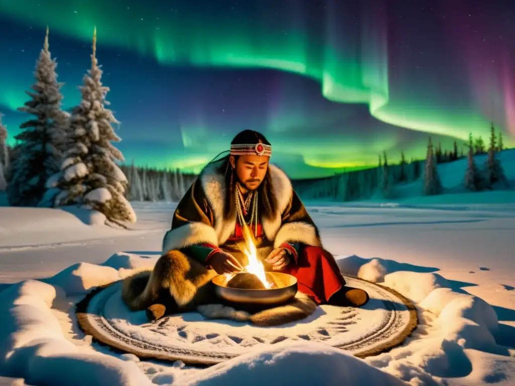 Un chamán sami realiza un ritual de curación en un bosque nevado bajo la aurora boreal, evocando la medicina tradicional de los sami