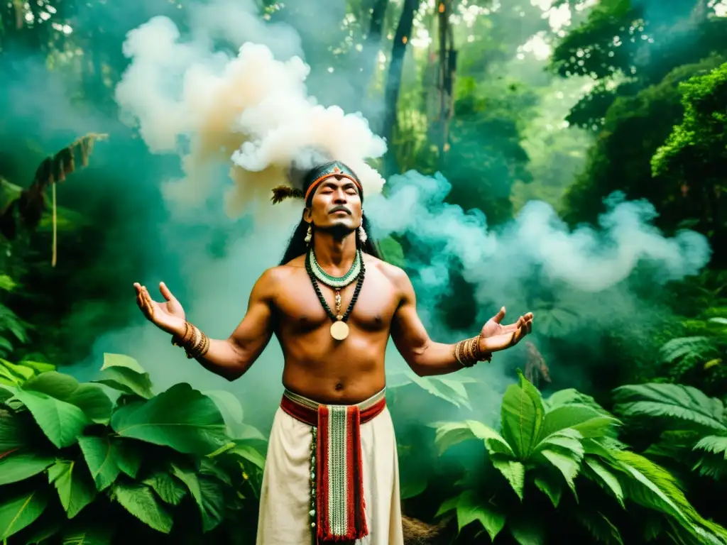 Un chamán dirige un ritual de desintoxicación en medio de exuberante vegetación y humo etéreo, evocando sabiduría ancestral y significado cultural