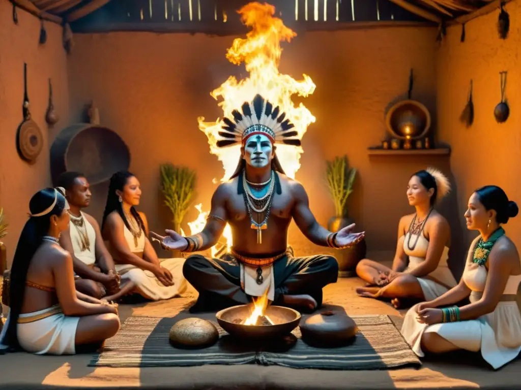 Ritual chamánico: curación ancestral y misticismo Un chamán dirige un ritual de sanación entre hierbas medicinales y objetos espirituales