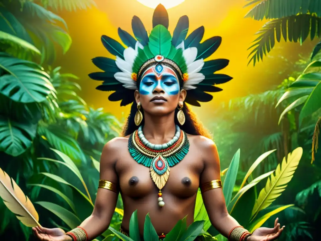 Un chamán realiza un ritual en la selva amazónica, rodeado de flora exuberante y criaturas místicas, exudando sabiduría ancestral y poder espiritual