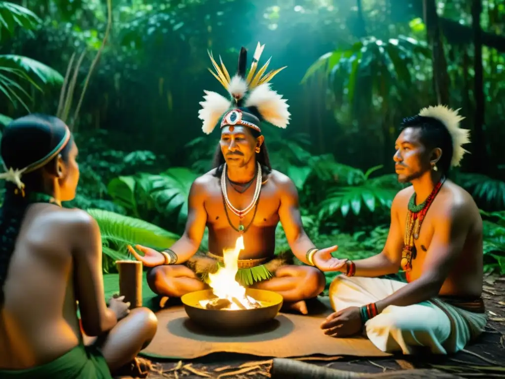 Un chamán realiza un ritual en la selva, rodeado de velas y participantes