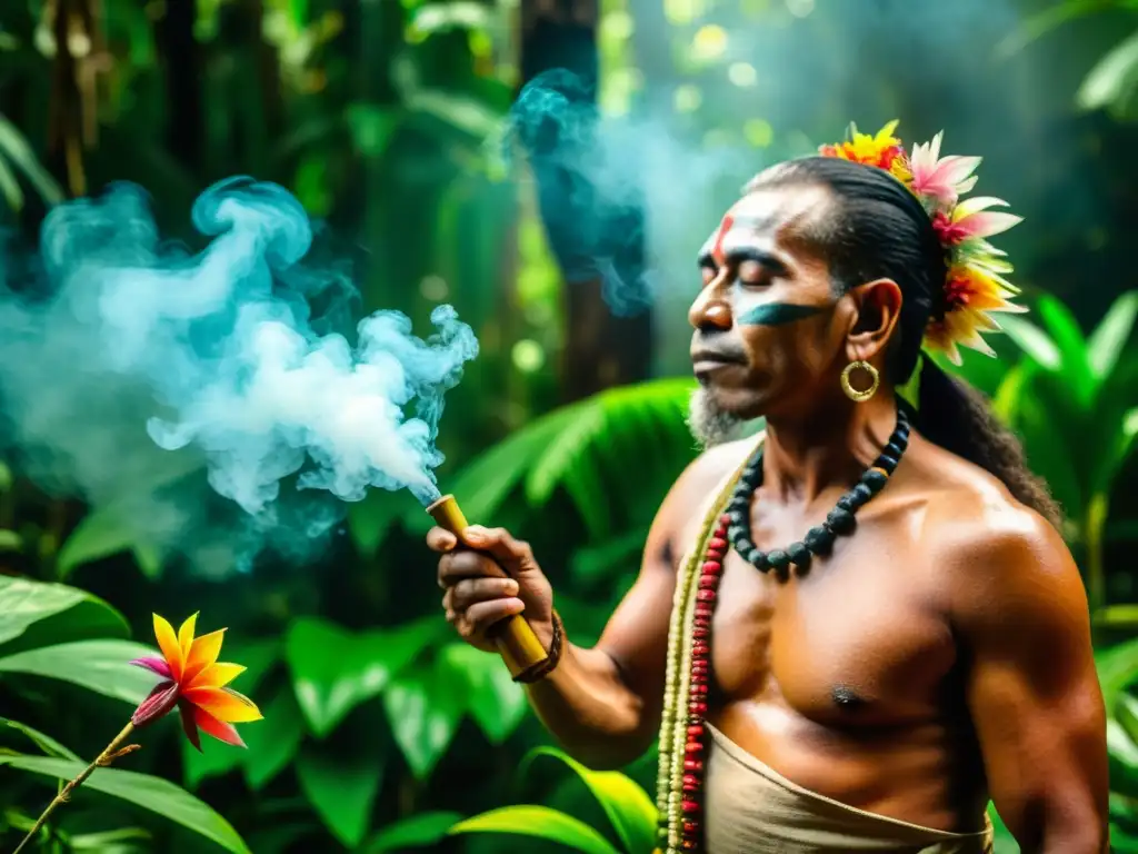 Un chamán en la selva amazónica realiza un ritual de sanación, rodeado de exuberante vegetación y flores tropicales