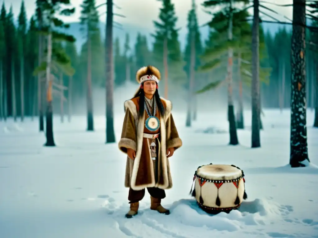 Un chamán siberiano en un bosque nevado, vistiendo atuendo tradicional y sosteniendo un tambor ceremonial