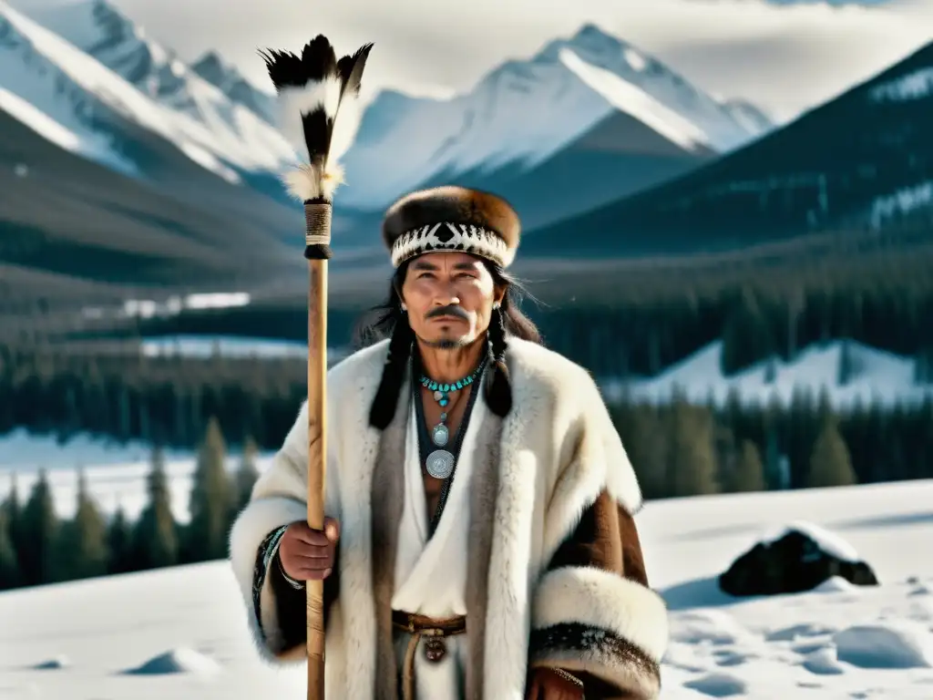 Un chamán siberiano en la naturaleza nevada, vistiendo pieles y sosteniendo un bastón ceremonial, emitiendo sabiduría ancestral