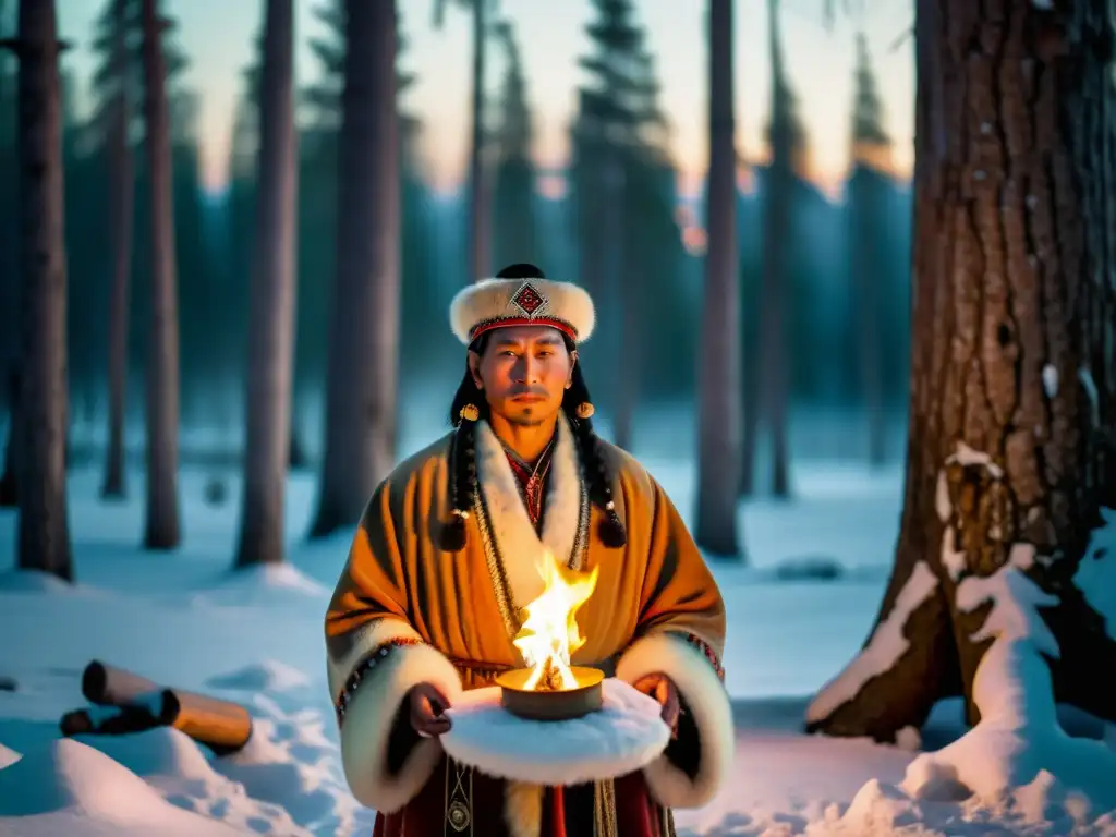 Un chamán siberiano realiza un ritual en un bosque nevado