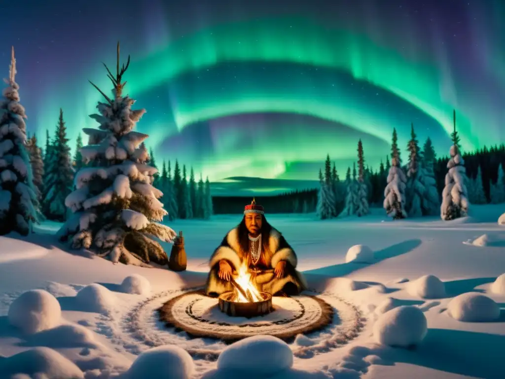 Un chamán siberiano realiza un ritual de curación en la nevada taiga, rodeado de personas indígenas y una atmósfera mística con auroras boreales