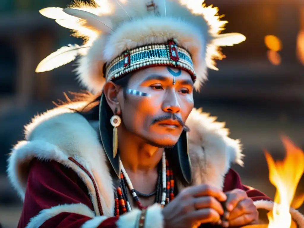 Un chamán siberiano realiza un ritual de curación, rodeado de objetos ceremoniales, en un ambiente místico y cautivador